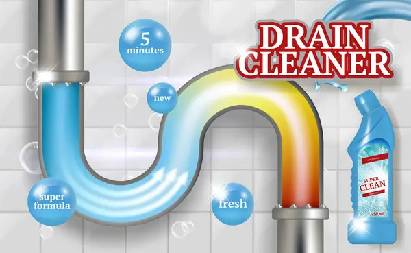 掃除パイプ 浴室配管排水配管配管の広告プラカードは 新鮮なチューブをポンプ現実的なプロモーションポスター クリーナードレイン パイプクリーニング 配管カニゼーションイラスト — ストックベクタ