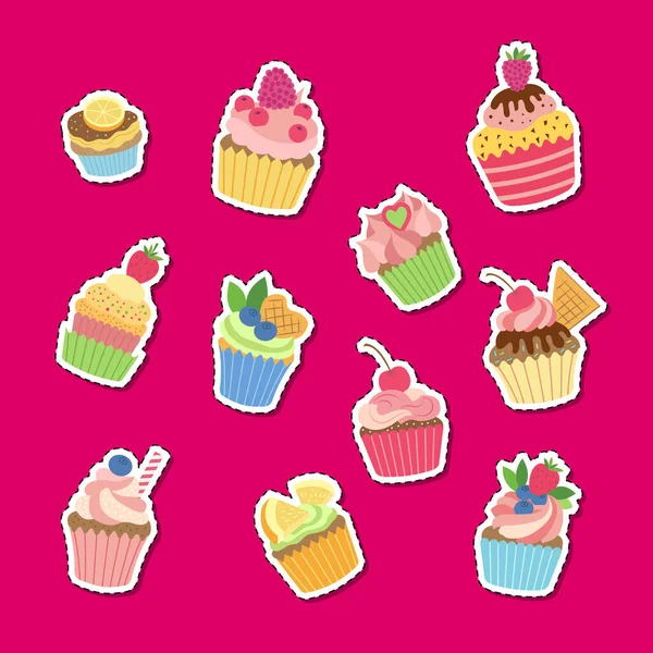 Vector Lindo Muffins Dibujos Animados Cupcakes Pegatinas Conjunto Ilustración Colección — Vector de stock