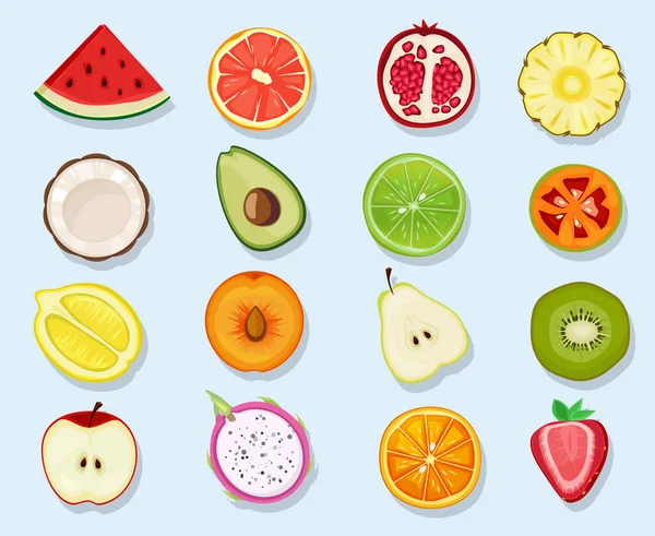 Moitié Fruits Cercle Icônes Mignon Dessin Animé Sain Végétalien Produits — Image vectorielle