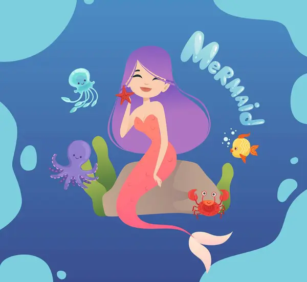 Милая Русалка Счастливая Морская Принцесса Сидит Камне Плакат Медузы Осьминоги — стоковый вектор