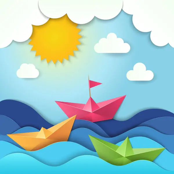 Origami Boot Geschnittenes Papier Ozeanwellen Schatten Vektor Schiff Stilisierte Illustration — Stockvektor