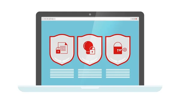 Data Protection Web Security Shields Laptop Screen Vector Computer Internet — Stock Vector