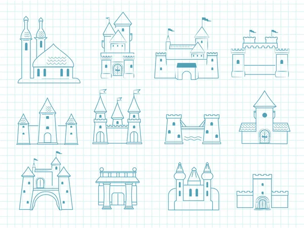 Narysowane Zamki Gotyckie Średniowieczne Królewskie Obiekty Architektoniczne Wieżami Historyczne Bajkowe — Wektor stockowy
