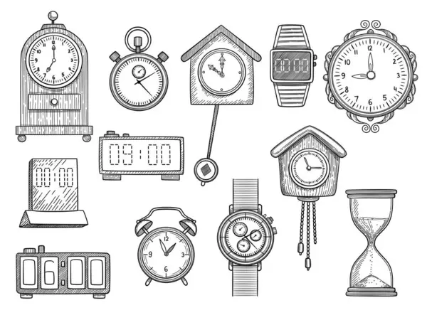Doodle Klokken Horloges Timer Alarm Vector Tekeningen Illustraties Ingesteld Klok — Stockvector