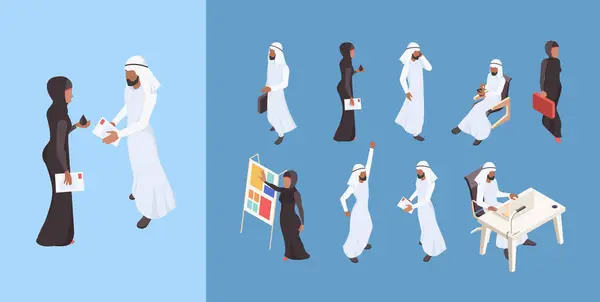Arabská Izometrika Dubaj Muž Saudi Žena Podnikání Lidé Arabský Podnikatel — Stockový vektor