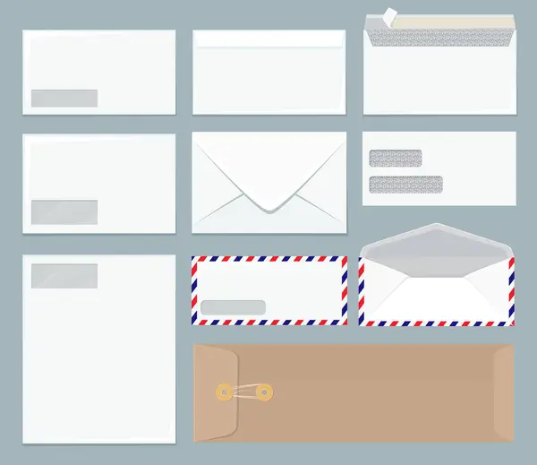 Modèle Enveloppe Bureau Fermer Blanc Maquette Réaliste Papier Affaires Enveloppe — Image vectorielle