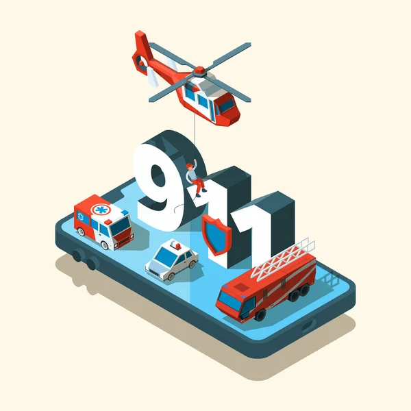 Veículos Emergência Isométricos Segurança Transporte Urbano 911 Atendimento Chamar Ambulância — Vetor de Stock