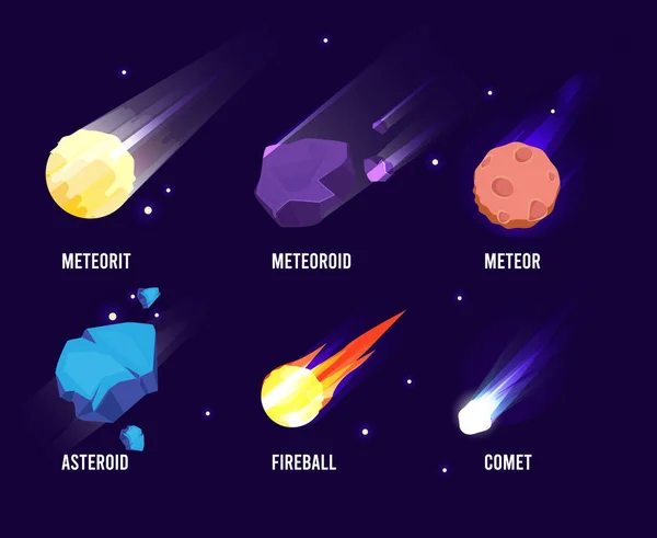 空间物体 明亮的宇宙天文学设置流星小行星矢量彗星收集的卡通风格 小行星空间星系 彗星宇宙和彩色流星图解 — 图库矢量图片