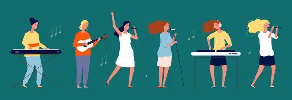 Девчачья Группа Женщины Музыканты Певцы Музыкальными Инструментами Женщины Поют Командных — стоковый вектор