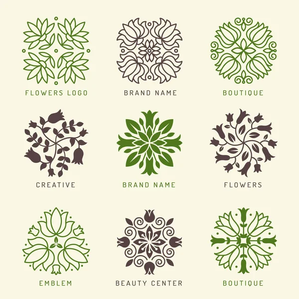 Logo Floral Elementos Estilizados Botánicos Decoración Símbolos Hojas Flores Ramas — Archivo Imágenes Vectoriales