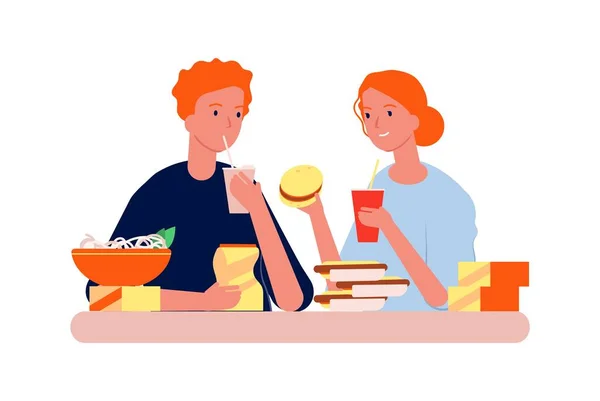 Yemek Bağımlılığı Abur Cubur Yiyen Erkek Kadın Insanlar Hamburger Sosisli — Stok Vektör