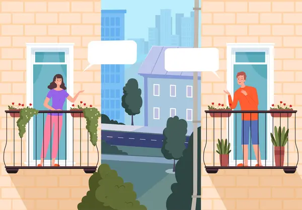 Sousedské Domy Přátelé Dívají Oken Mluví Moderní Městskou Budovu Balkónem — Stockový vektor