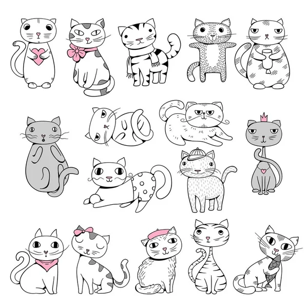 Gatti Divertenti Doodle Animali Domestici Disegnati Mano Personaggi Fumetti Animali — Vettoriale Stock