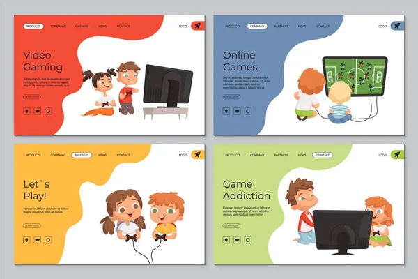 Gaming Landing Page Kinder Mit Videospielen Sucht Und Spielen Cartoon — Stockvektor