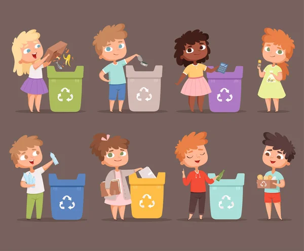 Müllrecycling Kinder Schützen Umwelt Ökologie Konzept Spart Die Natur Sammeln — Stockvektor