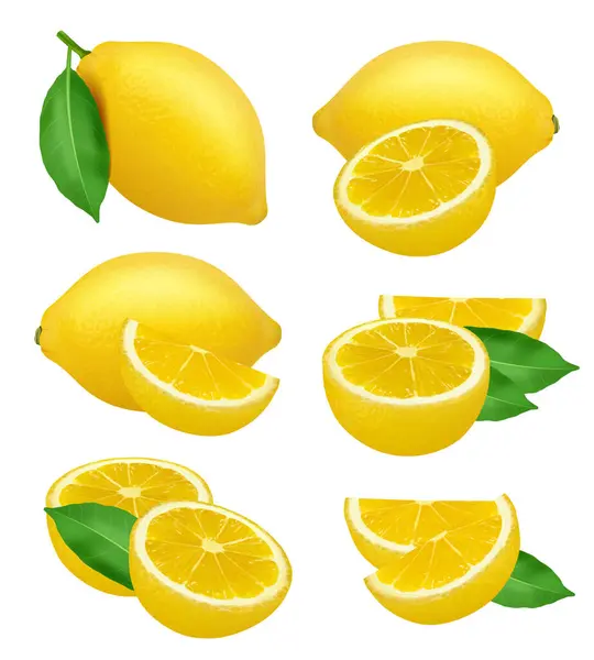 Citróny Realistické Plody Plátky Citrusových Přírodních Produktů Žlutý Vektor Přírodní — Stockový vektor