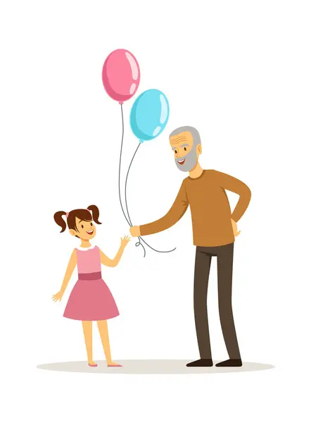 Avô Neta Velho Balões Menina Feliz Cartão Aniversário Presente Família — Vetor de Stock