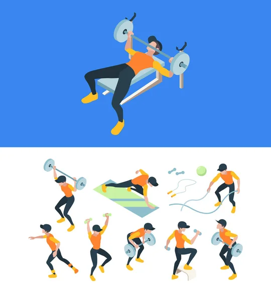Fitnesstraining Fitnesstraining Menschen Die Sport Treiben Muskelsportler Vektor Isometrischen Illustrationen — Stockvektor