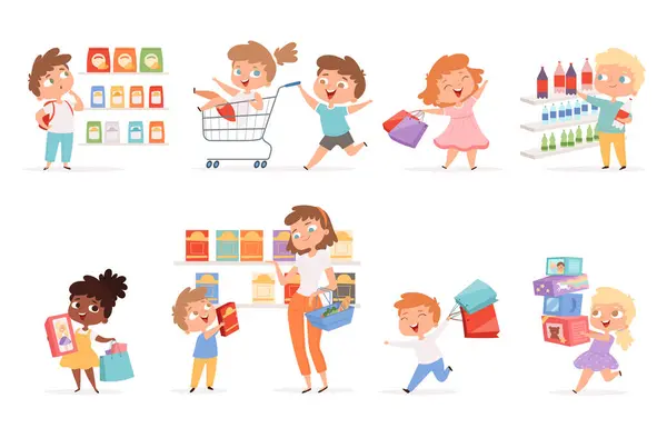 Market Çocukları Çocuklarla Alışveriş Yapan Ebeveynler Ürünler Oyuncak Vektör Karikatür — Stok Vektör