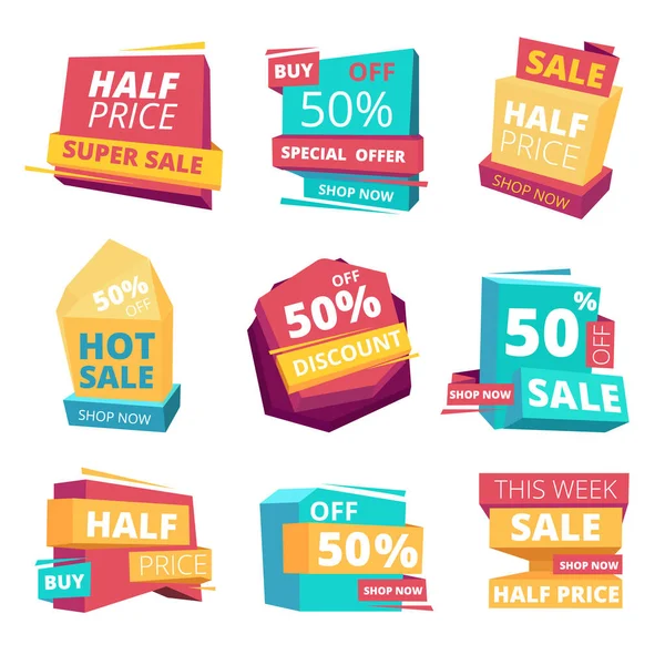 Rozetler Yarı Fiyatına Reklam Pankartları Tanıtım Etiketleri Vektör Koleksiyonu Fiyat — Stok Vektör