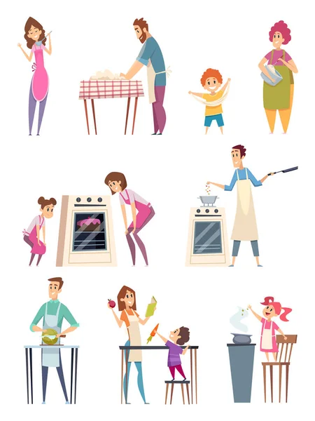 부모들 주방에서 전문적 요리사를 준비하는 캐릭터들이 있습니다 가족의 삽화에서 요리하는 — 스톡 벡터