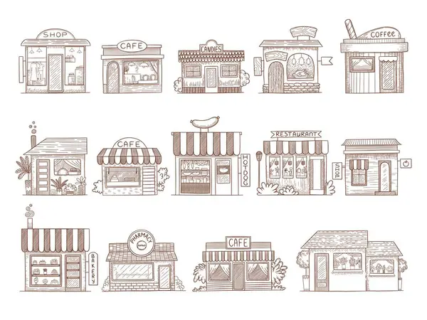 Ručně Kreslené Budovy Farmacie Obchod Bar Restaurace Trhu Vektorové Ilustrace — Stockový vektor