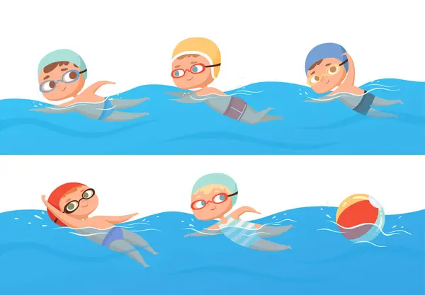 Kinderschwimmen Glückliche Kinder Wassersport Pool Sommer Schwimmkurse Vektor Sammlung Set — Stockvektor