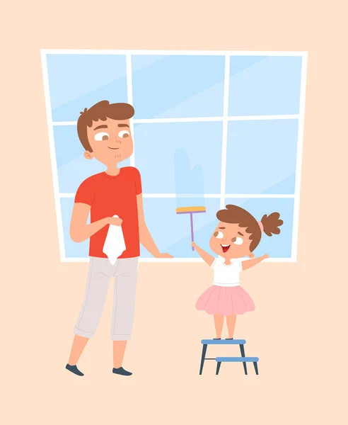 Glückliche Reinigung Mädchen Beim Fensterwaschen Familienreinigung Hauswirtschaft Vater Und Tochter — Stockvektor