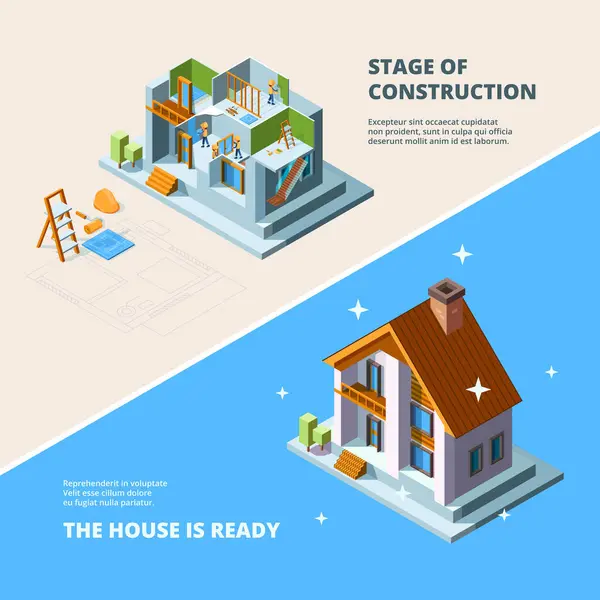 House Construction Repair Roof Renovation Building Vector Isometric Picture Banners — Stock Vector