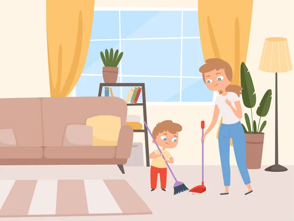 Domácnosti Pomáhají Děti Děti Mytí Obývací Pokoj Rodiči Úklid Domu — Stockový vektor