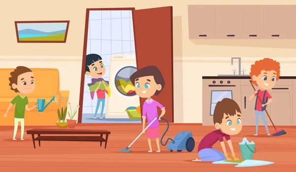 Hushållsarbete Med Föräldrar Familjepar Mor Far Och Barn Gör Rengöring — Stock vektor