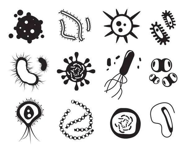 Microbes Silhouettes Bacteria Viruses Biology Pandemic Icons Set Vector Monochrome — Stock Vector