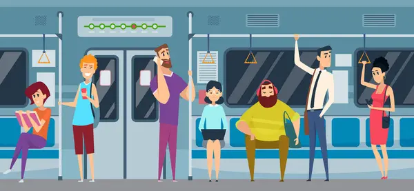 Επιβάτης Άνθρωποι Στο Αστικό Μετρό Τρένο Ανάγνωση Βιβλίο Βλέποντας Smartphone — Διανυσματικό Αρχείο