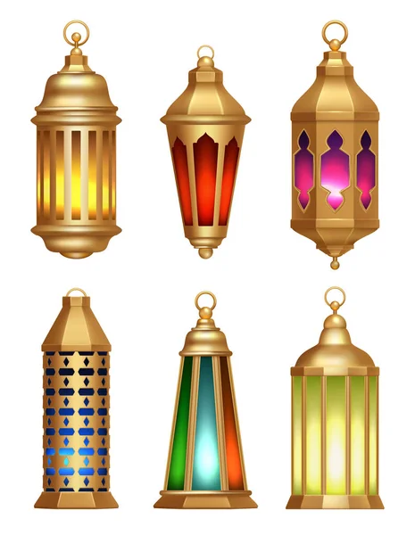 Slami Lambalar Ramazan Fenerleri Arap Klasik Altın Işıklı Lambalar Vektör — Stok Vektör