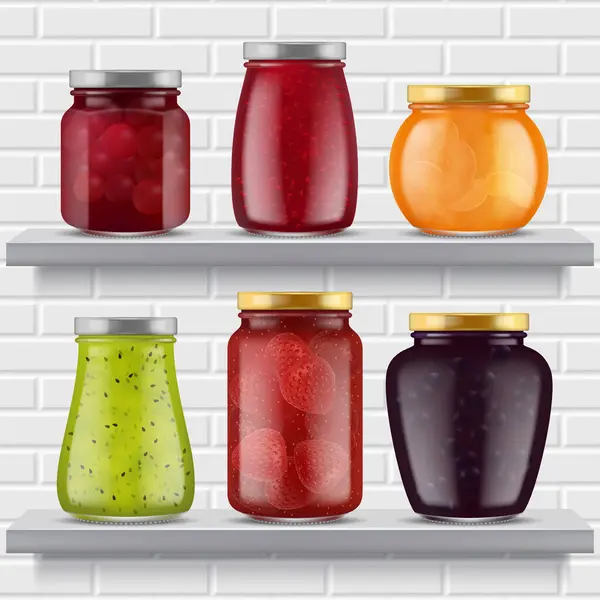 Syltmatshyllor Frukt Marmelad Läckra Produkter Jordgubbar Persikor Aprikoser Glasburk Realistiska — Stock vektor