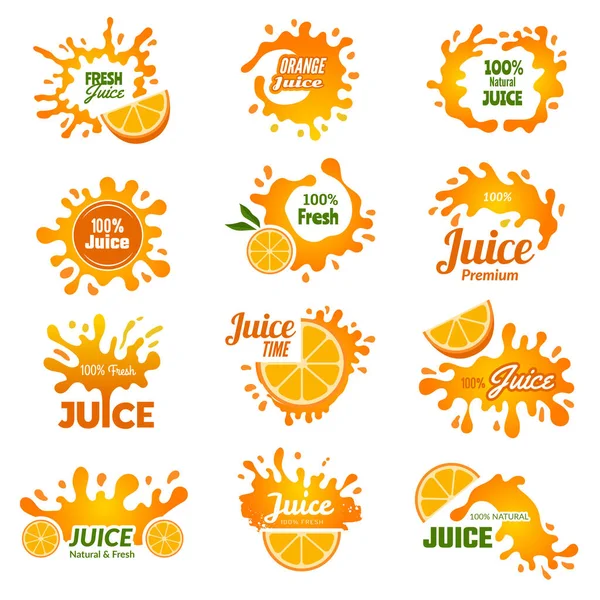 Meyve Suyu Logosu Portakal Rengi Mürekkep Damlaları Içki Vektör Illüstrasyonları — Stok Vektör