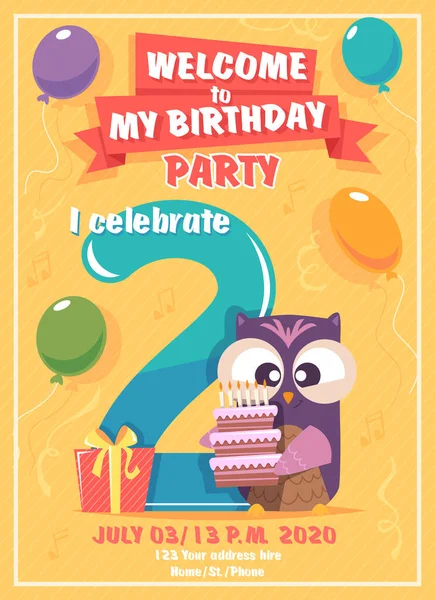 Birthday Invitation Kids Poster Owls Funny Characters Vector Placard Template — Stock Vector
