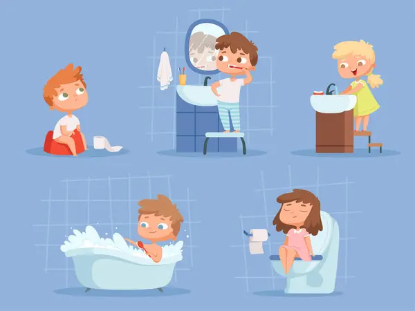 Παιδιά Κάνουν Μπάνιο Υγιεινή Για Παιδιά Καθαρά Δόντια Πρωί Ρουτίνα — Διανυσματικό Αρχείο