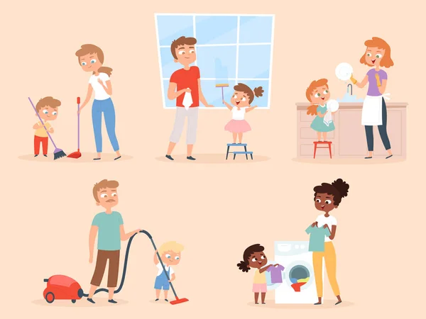 Hushållsarbete För Barn Barn Hjälper Föräldrar Rengöring Och Tvättstuga Vektor — Stock vektor