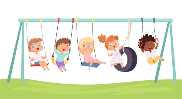 Kinder Schaukeln Kinder Lustige Spiele Fahrten Auf Auto Reißt Seil — Stockvektor