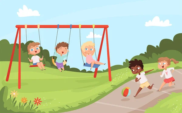 Kinder Schaukeln Fahrgeschäfte Outdoor Glücklich Wandern Und Spielen Kinder Natur — Stockvektor