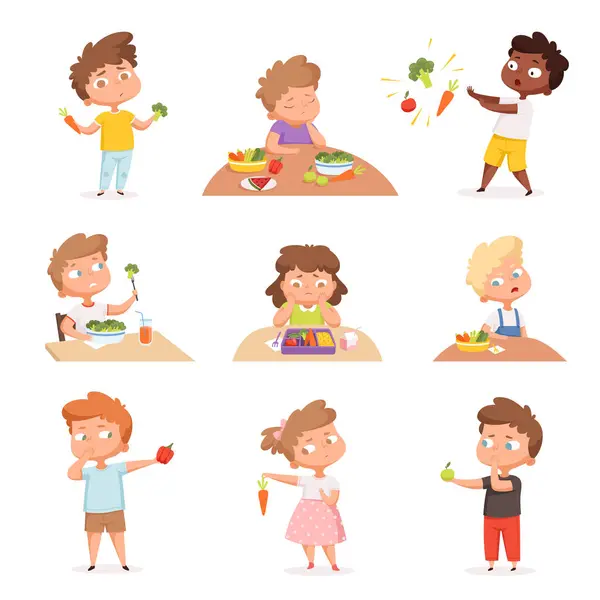 Enfants Légumes Les Petits Enfants Affamés Mangeant Restauration Rapide Aiment — Image vectorielle