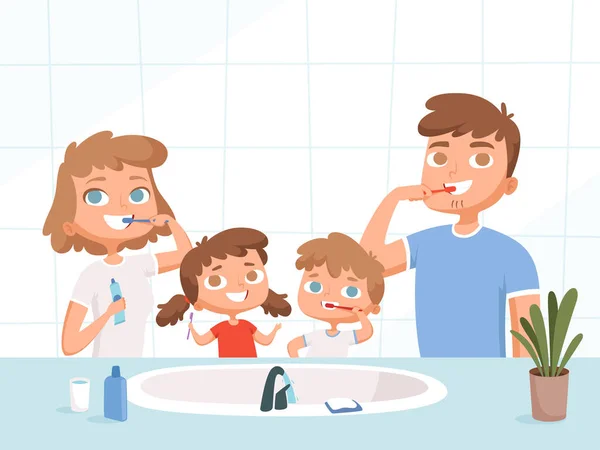 Bambini Con Genitori Che Lavano Denti Lavabo Routine Quotidiana Igiene — Vettoriale Stock