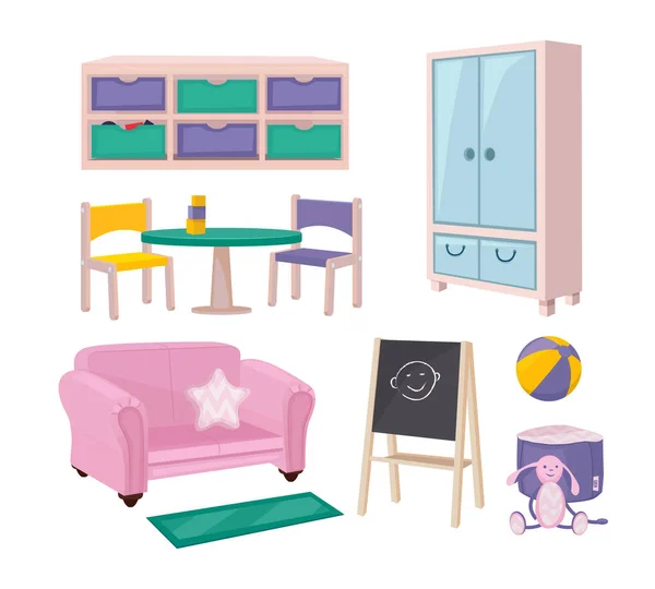 Kindergarten Furniture Playroom Items Toys Chairs Boards Desks Beads Kids — Stock Vector