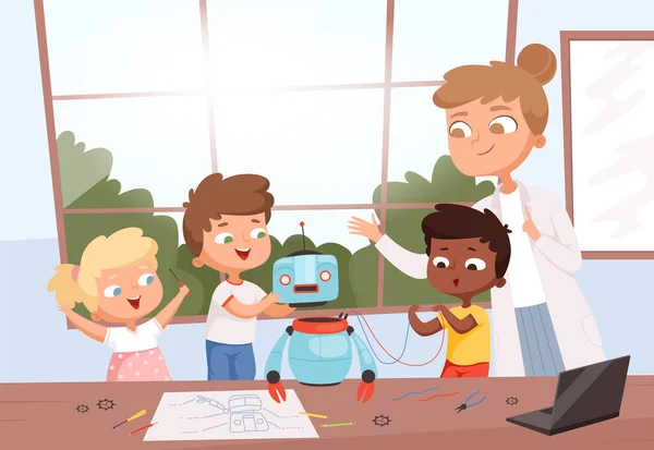 Kinderen Met Lerarenrobotprogrammering Toekomstig Onderwijsproces Klas Student Codering Robotica Speelgoed — Stockvector