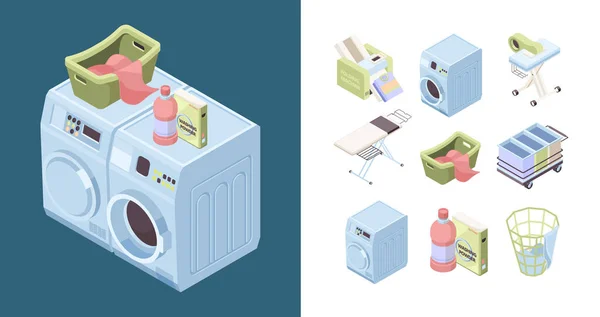 Υπηρεσία Πλυντηρίου Απορρυπαντικό Σκόνης Σαπούνι Πετσέτα Καθαρισμού Ισομετρική Πλένει Εργαλεία — Διανυσματικό Αρχείο