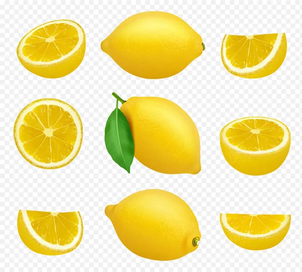 レモンコレクション 柑橘類の現実的な画像黄色ジュース自然食品健康的な天然物のベクトル写真 フルーツフード柑橘類健康 フレッシュジュースレモンイラスト — ストックベクタ