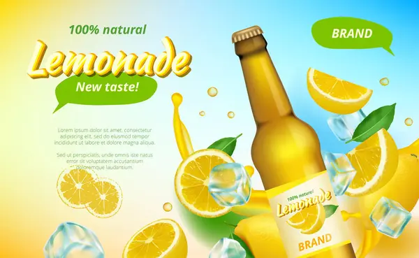 柠檬广告 黄色的果汁飞溅 一半健康的水果喝广告载体海报 水果柠檬饮料 新鲜柑橘类柠檬水 横幅和招贴画 — 图库矢量图片
