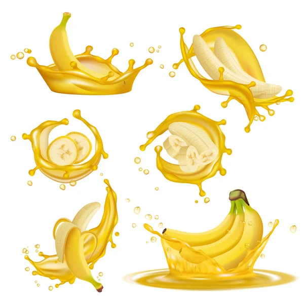 バナナジュース バナナジュースから液体黄色の滴健康的なフルーツエキゾチックなデザート3Dベクトル現実的なプロモーション写真を滴下 イラストバナナと液体フレッシュジュース — ストックベクタ
