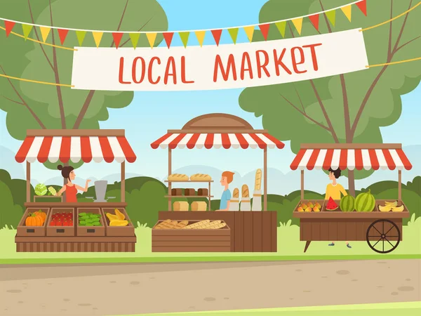 Mercado Local Las Personas Que Compran Alimentos Frescos Saludables Verduras — Vector de stock